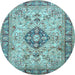 Round Machine Washable Medallion Light Blue Traditional Rug, wshtr2918lblu