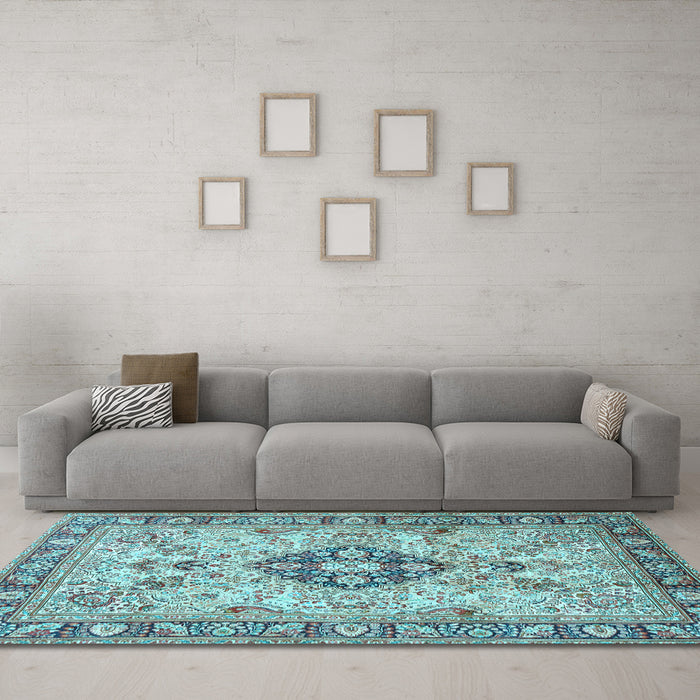 Machine Washable Medallion Light Blue Traditional Rug in a Living Room, wshtr2918lblu