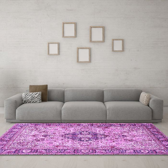 Machine Washable Medallion Purple Traditional Area Rugs in a Living Room, wshtr2918pur