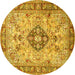 Round Machine Washable Medallion Yellow Traditional Rug, wshtr2918yw