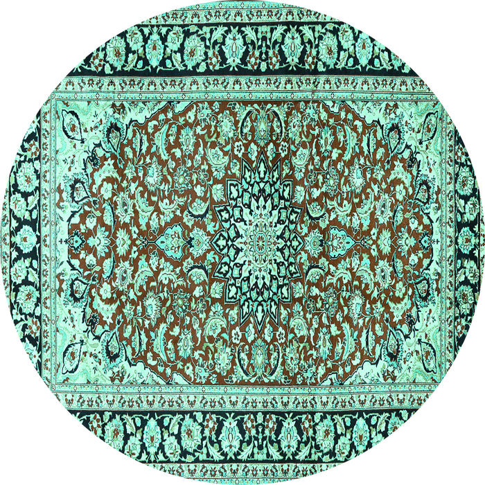 Round Machine Washable Medallion Turquoise Traditional Area Rugs, wshtr2919turq