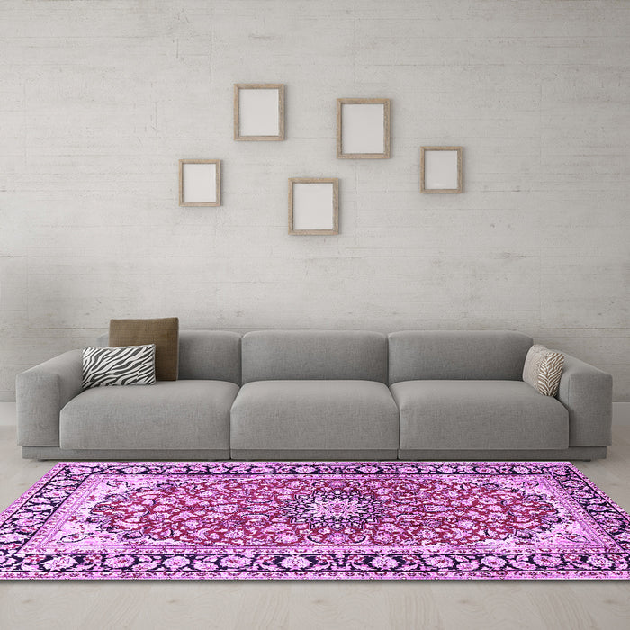 Machine Washable Medallion Purple Traditional Area Rugs in a Living Room, wshtr2919pur