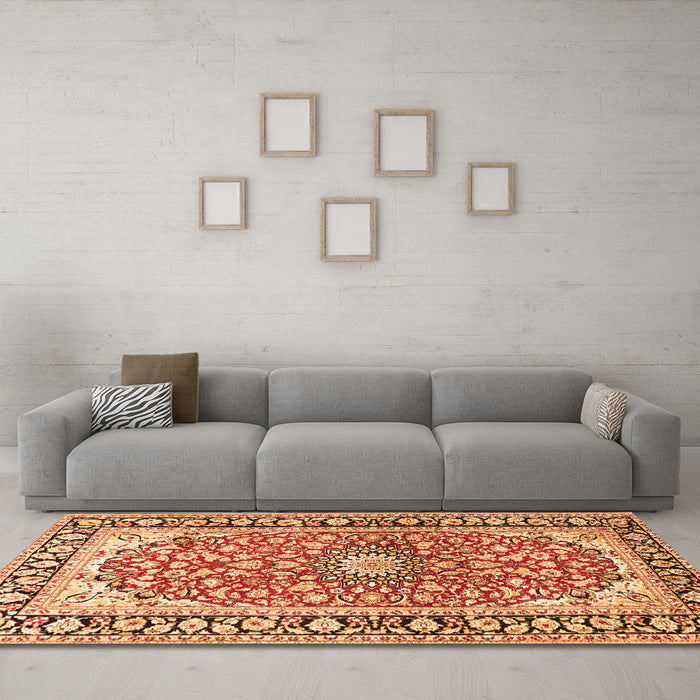 Machine Washable Medallion Orange Traditional Area Rugs in a Living Room, wshtr2919org
