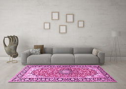 Machine Washable Medallion Pink Traditional Rug in a Living Room, wshtr2919pnk