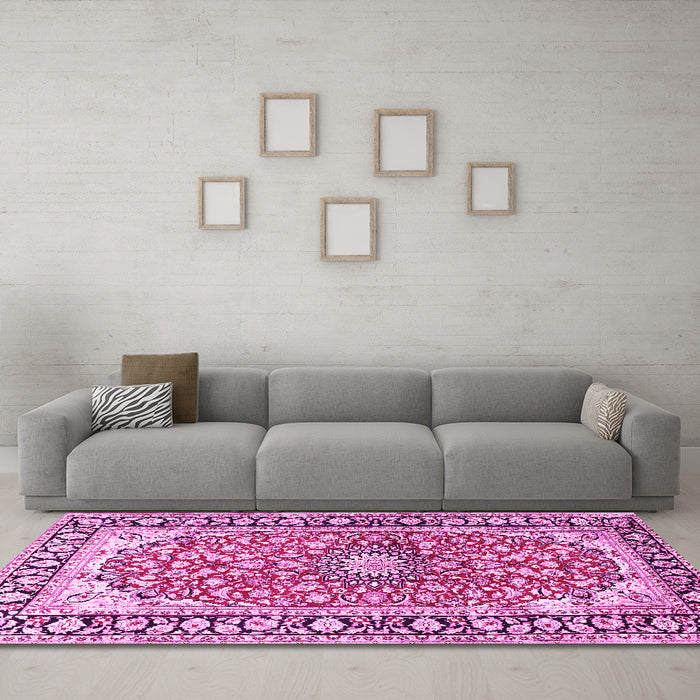 Machine Washable Medallion Pink Traditional Rug in a Living Room, wshtr2919pnk