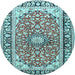 Round Machine Washable Medallion Light Blue Traditional Rug, wshtr2919lblu