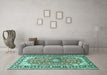 Machine Washable Medallion Turquoise Traditional Area Rugs in a Living Room,, wshtr2919turq