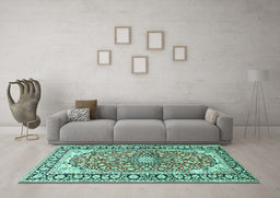 Machine Washable Medallion Turquoise Traditional Area Rugs in a Living Room,, wshtr2919turq