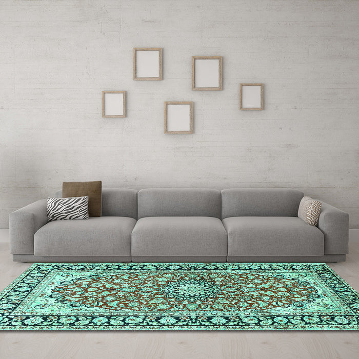 Machine Washable Medallion Turquoise Traditional Area Rugs in a Living Room,, wshtr2919turq