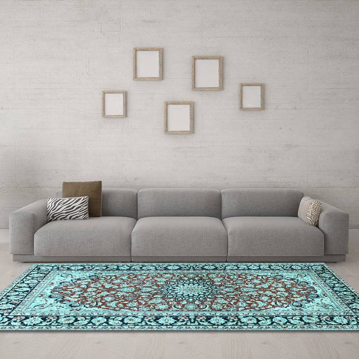 Machine Washable Medallion Light Blue Traditional Rug in a Living Room, wshtr2919lblu