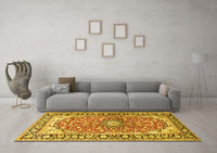 Machine Washable Medallion Yellow Traditional Rug, wshtr2919yw