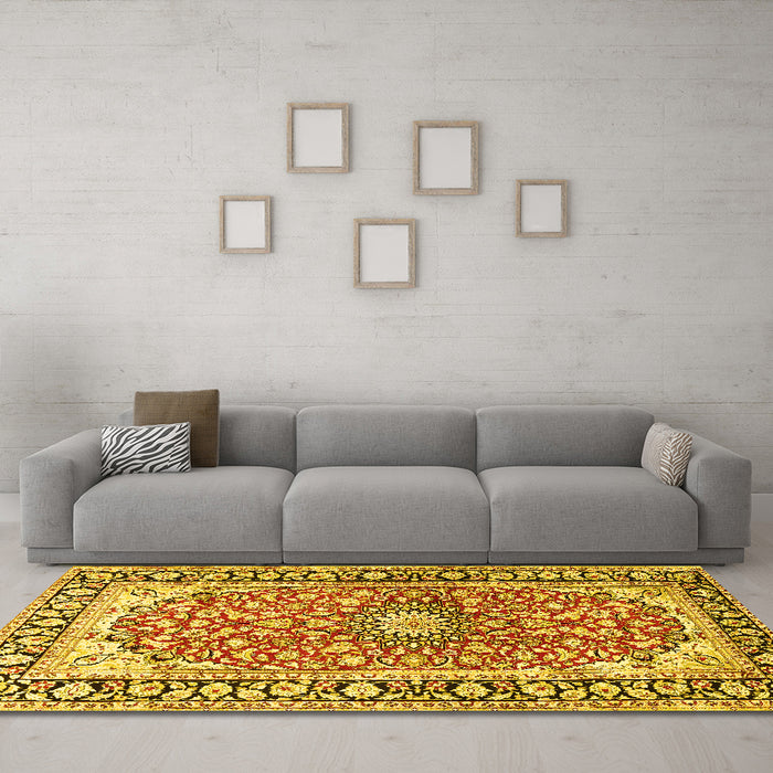 Machine Washable Medallion Yellow Traditional Rug in a Living Room, wshtr2919yw
