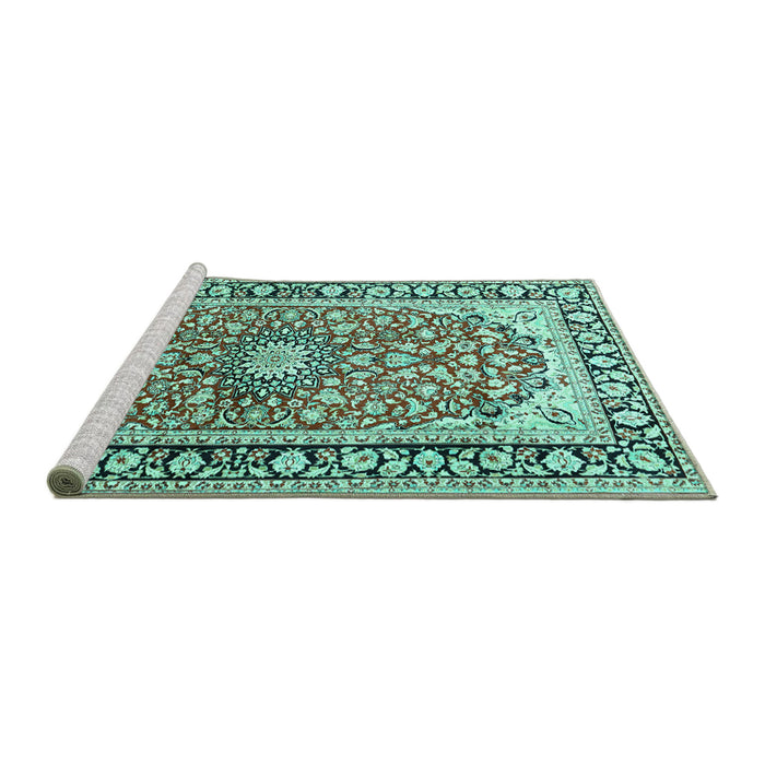 Sideview of Machine Washable Medallion Turquoise Traditional Area Rugs, wshtr2919turq