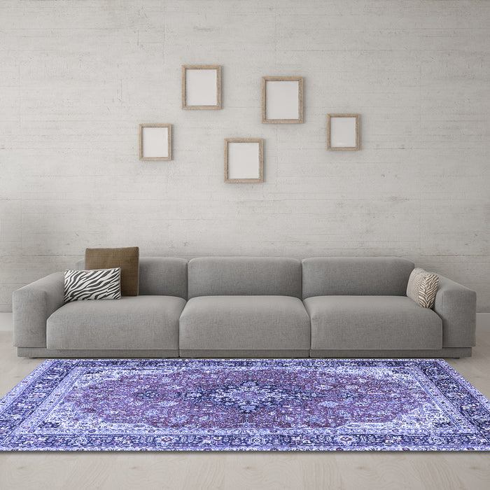 Machine Washable Medallion Blue Traditional Rug in a Living Room, wshtr2920blu