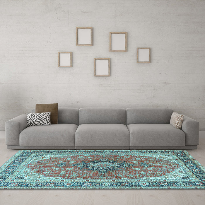 Machine Washable Medallion Light Blue Traditional Rug in a Living Room, wshtr2920lblu
