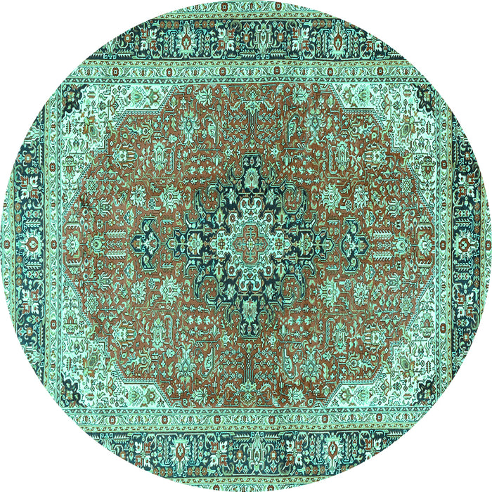 Round Machine Washable Medallion Turquoise Traditional Area Rugs, wshtr2920turq
