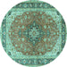 Round Machine Washable Medallion Turquoise Traditional Area Rugs, wshtr2920turq