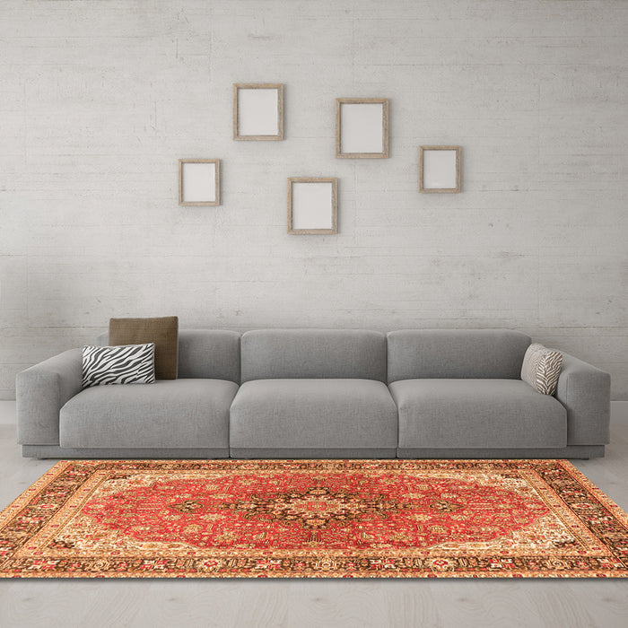 Machine Washable Medallion Orange Traditional Area Rugs in a Living Room, wshtr2920org