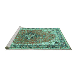 Sideview of Machine Washable Medallion Turquoise Traditional Area Rugs, wshtr2920turq