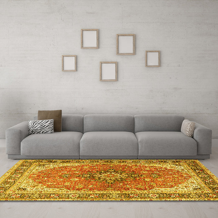 Machine Washable Medallion Yellow Traditional Rug in a Living Room, wshtr2920yw