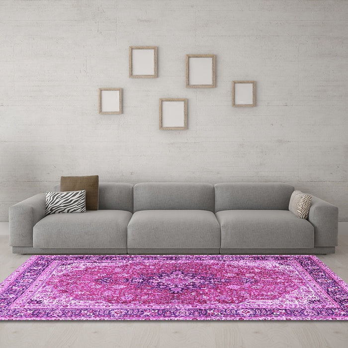 Machine Washable Medallion Purple Traditional Area Rugs in a Living Room, wshtr2920pur
