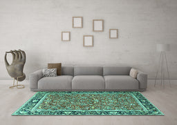 Machine Washable Persian Turquoise Traditional Area Rugs in a Living Room,, wshtr2921turq