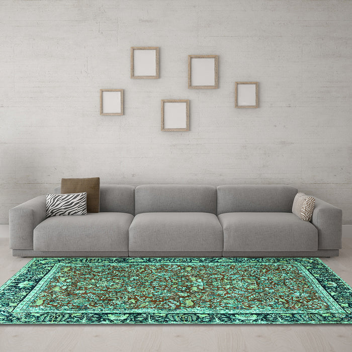 Machine Washable Persian Turquoise Traditional Area Rugs in a Living Room,, wshtr2921turq