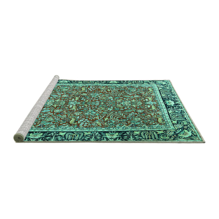 Sideview of Machine Washable Persian Turquoise Traditional Area Rugs, wshtr2921turq