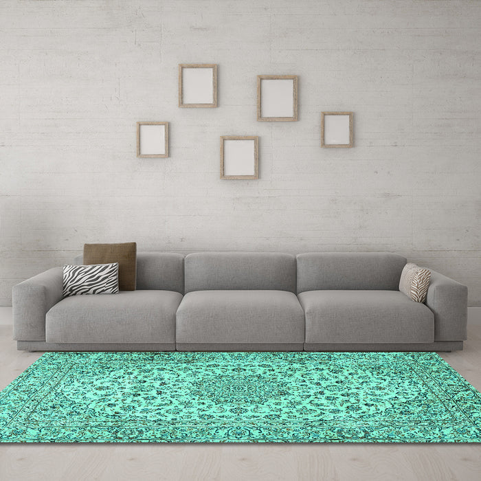 Machine Washable Persian Turquoise Traditional Area Rugs in a Living Room,, wshtr2922turq