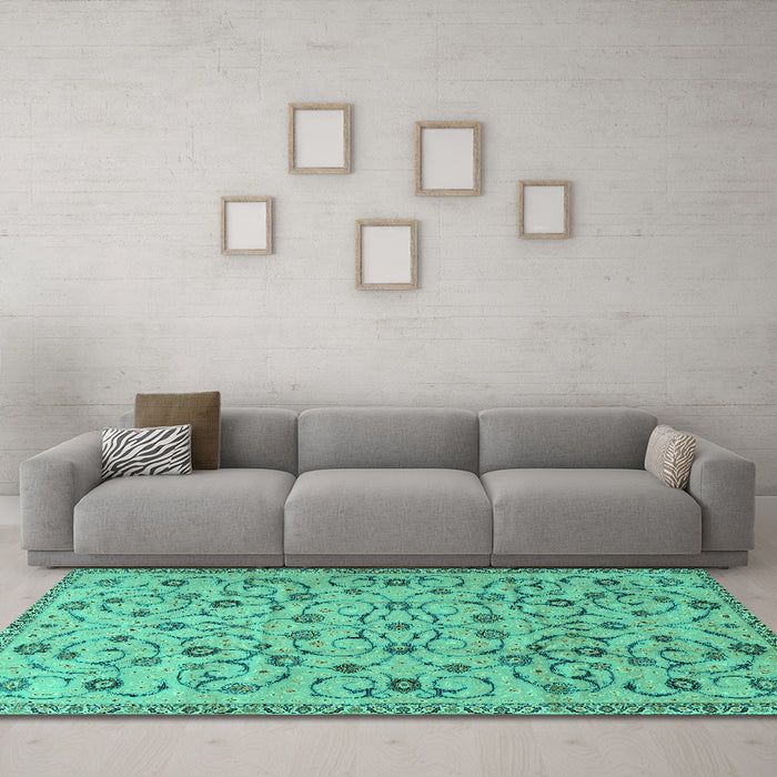 Machine Washable Persian Turquoise Traditional Area Rugs in a Living Room,, wshtr2923turq