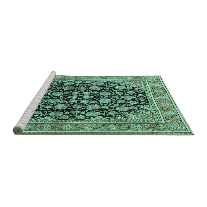 Sideview of Machine Washable Persian Turquoise Traditional Area Rugs, wshtr2924turq