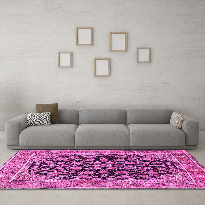 Machine Washable Persian Pink Traditional Rug in a Living Room, wshtr2924pnk