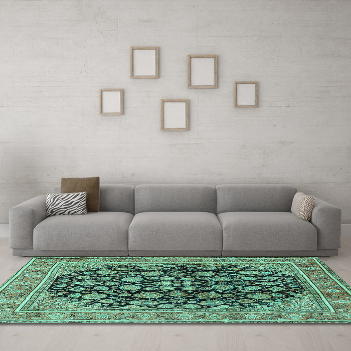 Machine Washable Persian Turquoise Traditional Area Rugs in a Living Room,, wshtr2924turq