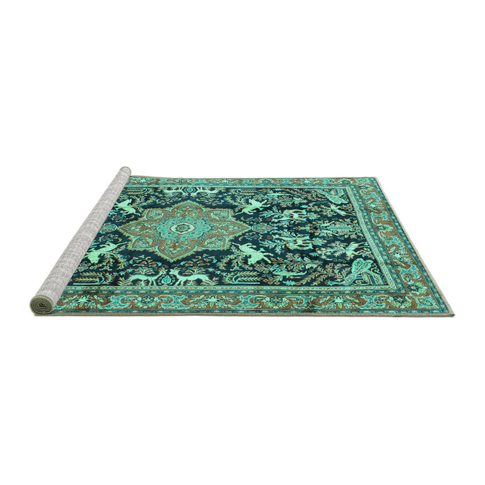 Sideview of Machine Washable Persian Turquoise Traditional Area Rugs, wshtr2925turq