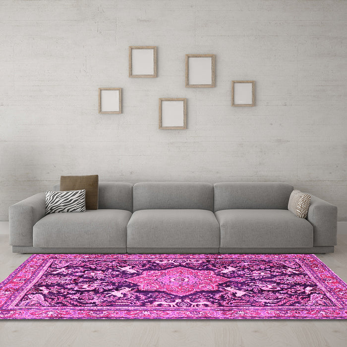 Machine Washable Persian Pink Traditional Rug in a Living Room, wshtr2925pnk