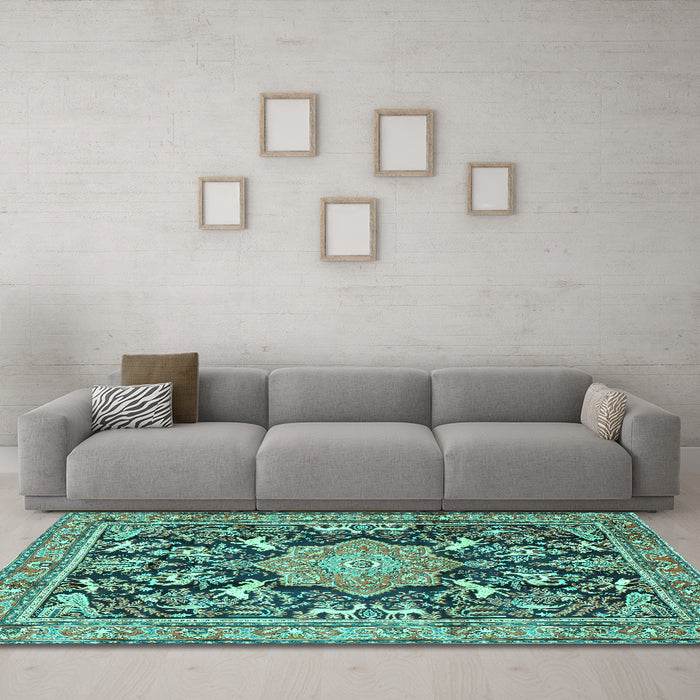 Machine Washable Persian Turquoise Traditional Area Rugs in a Living Room,, wshtr2925turq