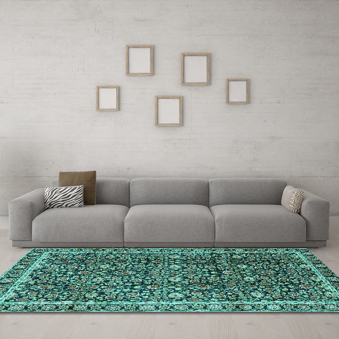Machine Washable Persian Turquoise Traditional Area Rugs in a Living Room,, wshtr2926turq