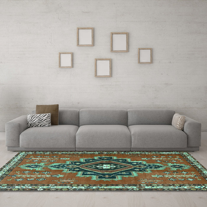 Machine Washable Persian Turquoise Traditional Area Rugs in a Living Room,, wshtr2927turq