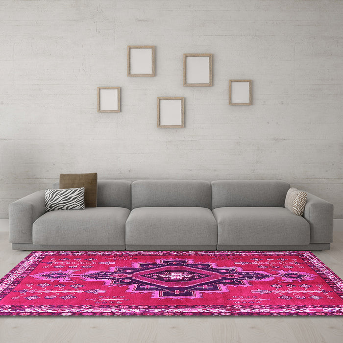 Machine Washable Persian Pink Traditional Rug in a Living Room, wshtr2927pnk