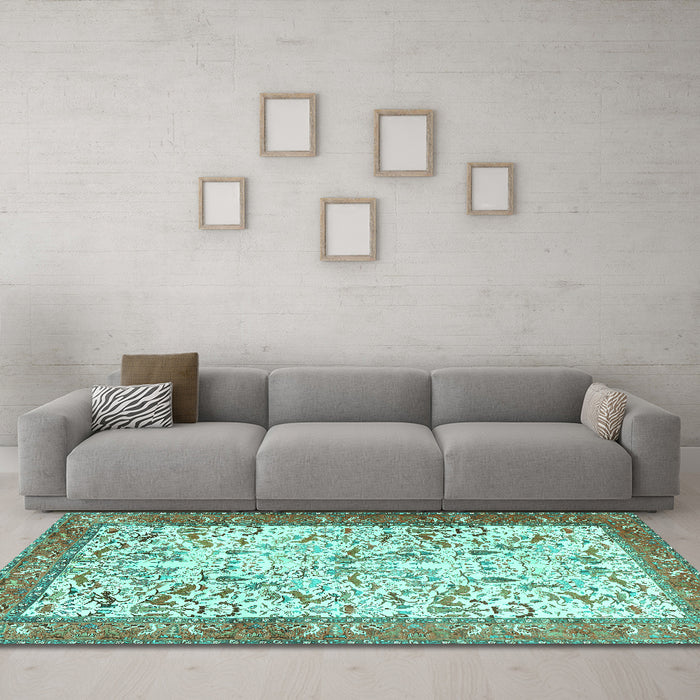 Machine Washable Animal Turquoise Traditional Area Rugs in a Living Room,, wshtr2931turq