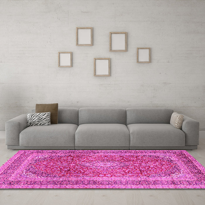 Machine Washable Medallion Pink Traditional Rug in a Living Room, wshtr2936pnk