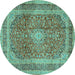 Round Machine Washable Medallion Turquoise Traditional Area Rugs, wshtr2936turq