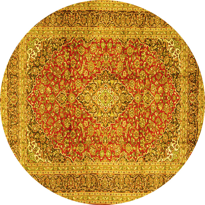 Round Machine Washable Medallion Yellow Traditional Rug, wshtr2936yw