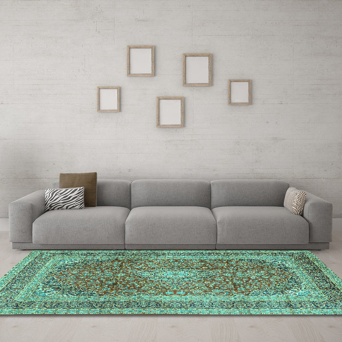 Machine Washable Medallion Turquoise Traditional Area Rugs in a Living Room,, wshtr2936turq