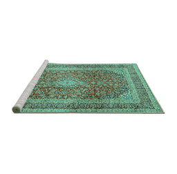 Sideview of Machine Washable Medallion Turquoise Traditional Area Rugs, wshtr2936turq