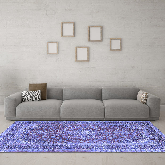 Machine Washable Medallion Blue Traditional Rug in a Living Room, wshtr2936blu