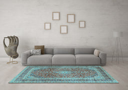 Machine Washable Medallion Light Blue Traditional Rug in a Living Room, wshtr2936lblu