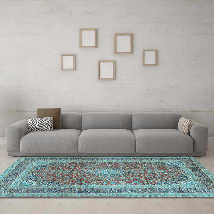 Machine Washable Medallion Light Blue Traditional Rug in a Living Room, wshtr2936lblu