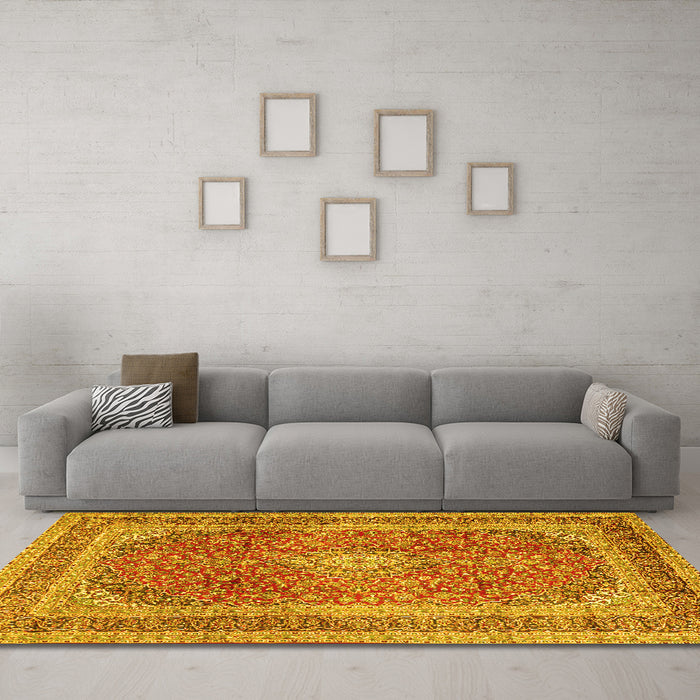 Machine Washable Medallion Yellow Traditional Rug in a Living Room, wshtr2936yw