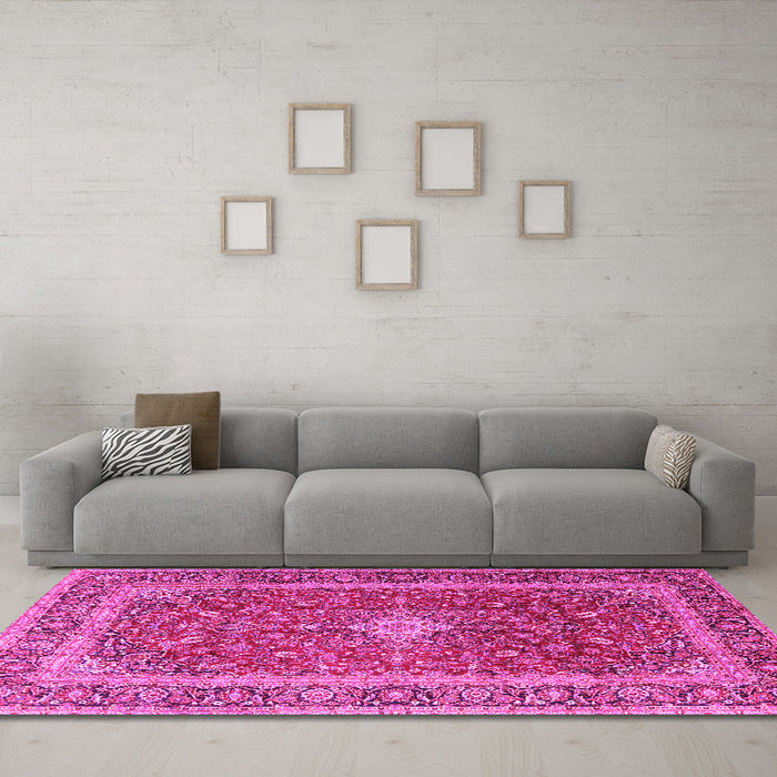 Machine Washable Persian Pink Traditional Rug in a Living Room, wshtr2937pnk